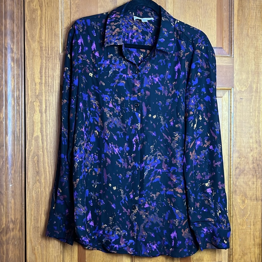Women's Size XL Button-Down Shirt Black with Purple Print